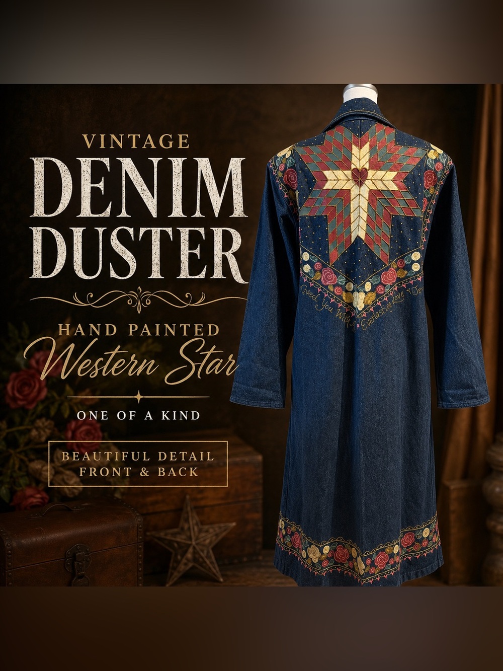 RARE Vintage 80s Hand Painted Denim Duster Coat Oversized Artwear